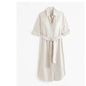 Abercrombie & Fitch Women's Linen-Blend Midi Shirt Dress (Cream, S Petite)